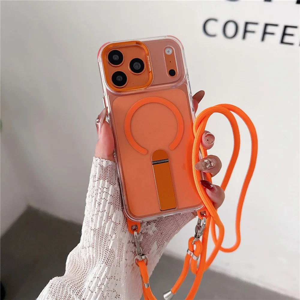 For iPhone 18 Pro Max / 17 Pro Max Magnetic Phone Case with Kickstand and 2-in-1 6mm 150cm Length Strap PC TPU Phone Cover - Orange - 2
