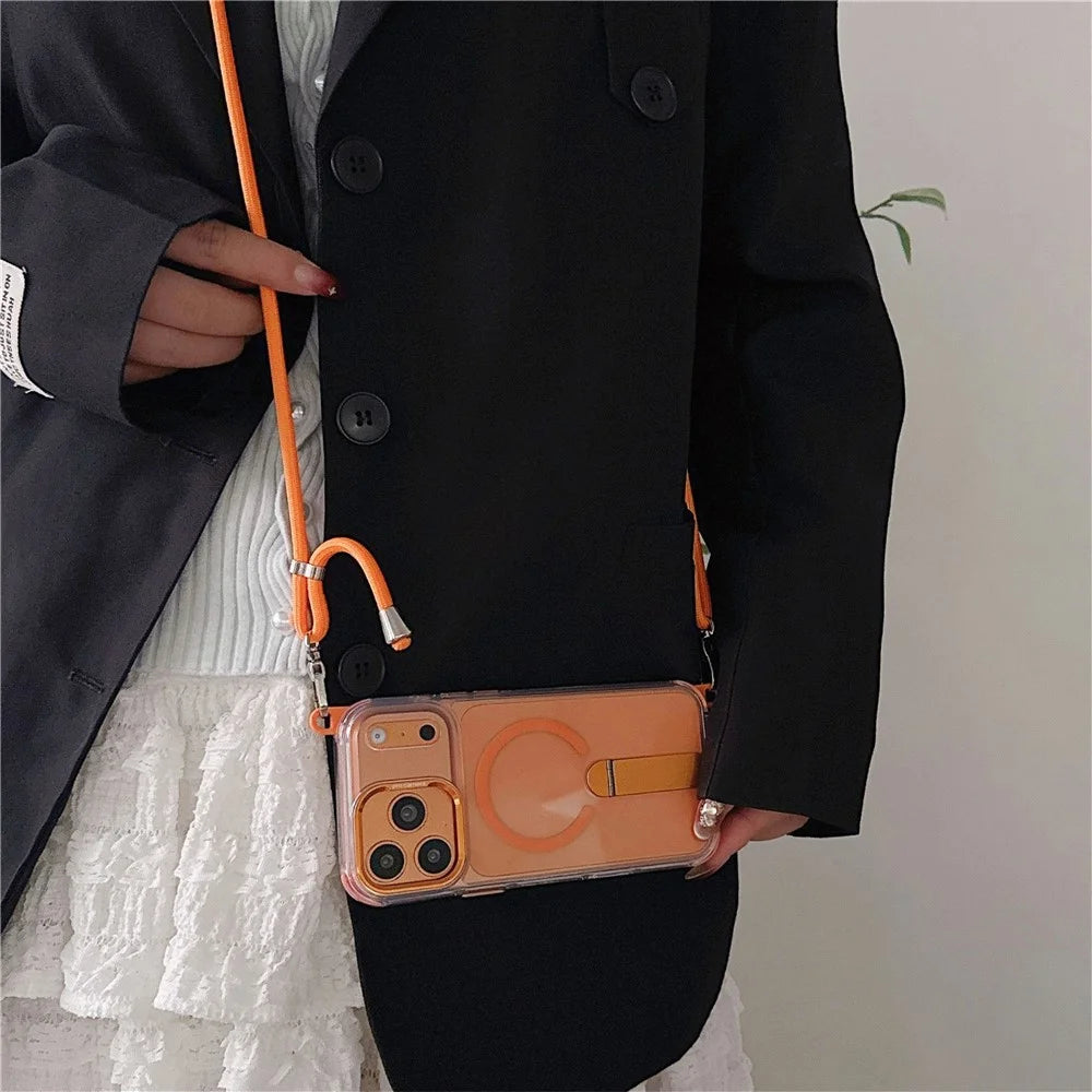 For iPhone 18 Pro Max / 17 Pro Max Magnetic Phone Case with Kickstand and 2-in-1 6mm 150cm Length Strap PC TPU Phone Cover - Orange - 3