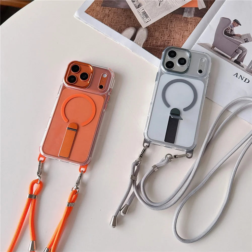 For iPhone 18 Pro Max / 17 Pro Max Magnetic Phone Case with Kickstand and 2-in-1 6mm 150cm Length Strap PC TPU Phone Cover - Orange - 7