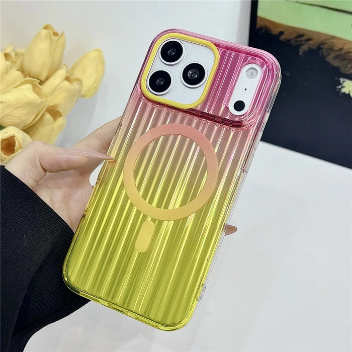 For iPhone 17 Pro Magnetic Case Multicolor Gradient Stripe TPU PC Shockproof Cover Compatible with Magsafe - Gradient Pink Yellow - 2