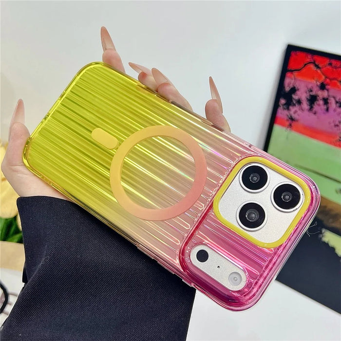 For iPhone 17 Pro Magnetic Case Multicolor Gradient Stripe TPU PC Shockproof Cover Compatible with Magsafe - Gradient Pink Yellow - 3