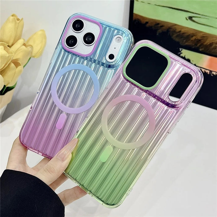 For iPhone 17 Pro Magnetic Case Multicolor Gradient Stripe TPU PC Shockproof Cover Compatible with Magsafe - Gradient Pink Yellow - 4