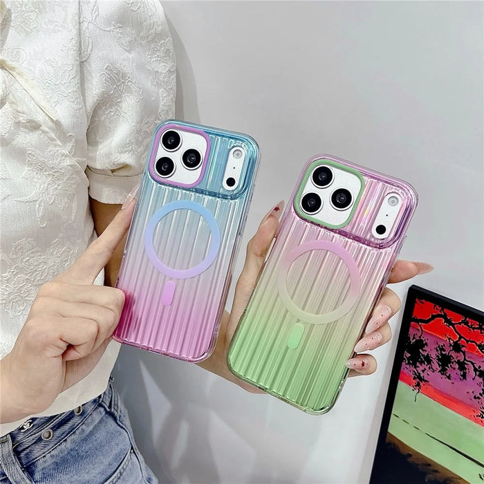 For iPhone 17 Pro Magnetic Case Multicolor Gradient Stripe TPU PC Shockproof Cover Compatible with Magsafe - Gradient Pink Yellow - 5
