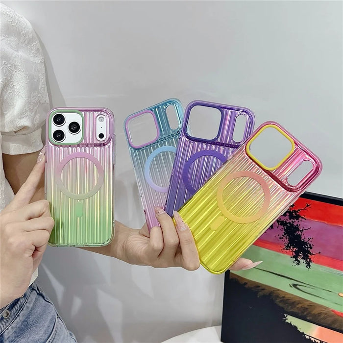 For iPhone 17 Pro Magnetic Case Multicolor Gradient Stripe TPU PC Shockproof Cover Compatible with Magsafe - Gradient Pink Yellow - 6