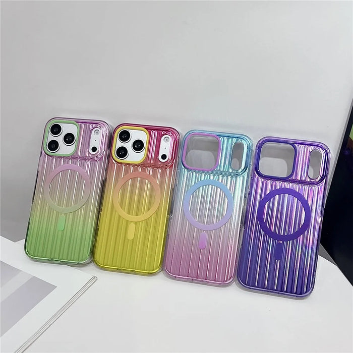 For iPhone 17 Pro Magnetic Case Multicolor Gradient Stripe TPU PC Shockproof Cover Compatible with Magsafe - Gradient Pink Yellow - 7