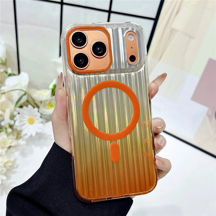 For iPhone 17 Pro Max Magnetic Case Gradient Stripe TPU PC Shockproof Cover Compatible with Magsafe - Orange - 2