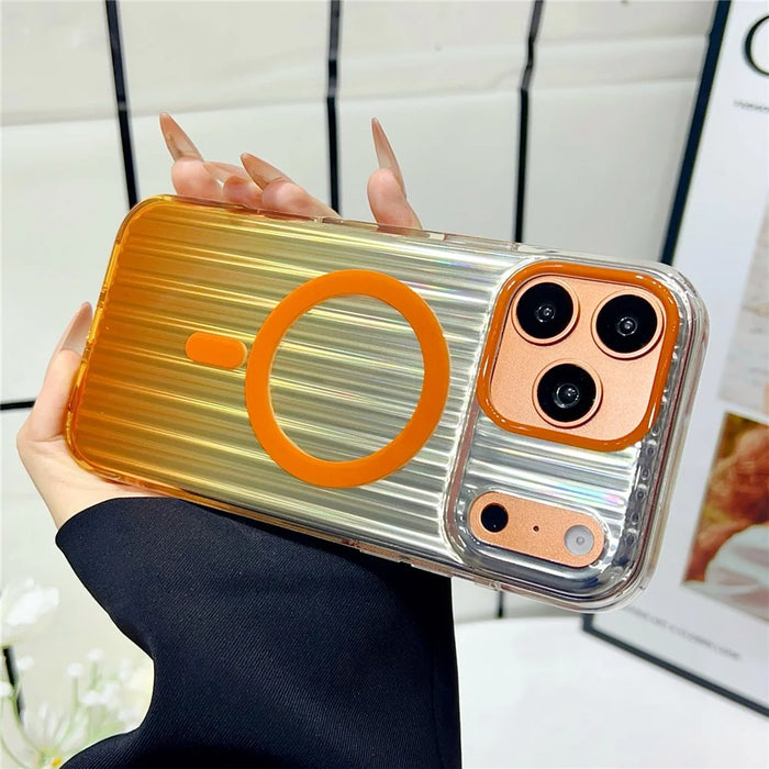 For iPhone 17 Pro Max Magnetic Case Gradient Stripe TPU PC Shockproof Cover Compatible with Magsafe - Orange - 4