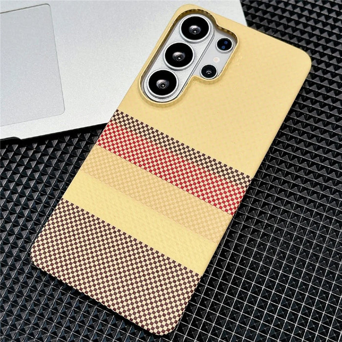 For Samsung Galaxy S25 Ultra Magnetic Case Striped Textile Pattern Skin-touch PC Cover - Yellow Stripe - 1