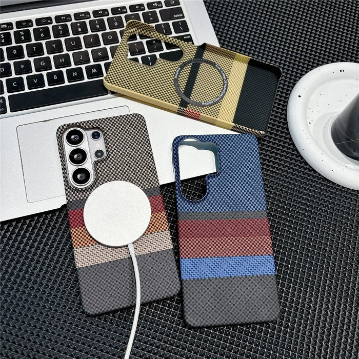 For Samsung Galaxy S25 Ultra Magnetic Case Striped Textile Pattern Skin-touch PC Cover - Yellow Stripe - 2