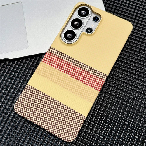 For Samsung Galaxy S23 Ultra Magnetic Case Striped Textile Pattern Skin-touch PC Cover - Yellow Stripe - 1