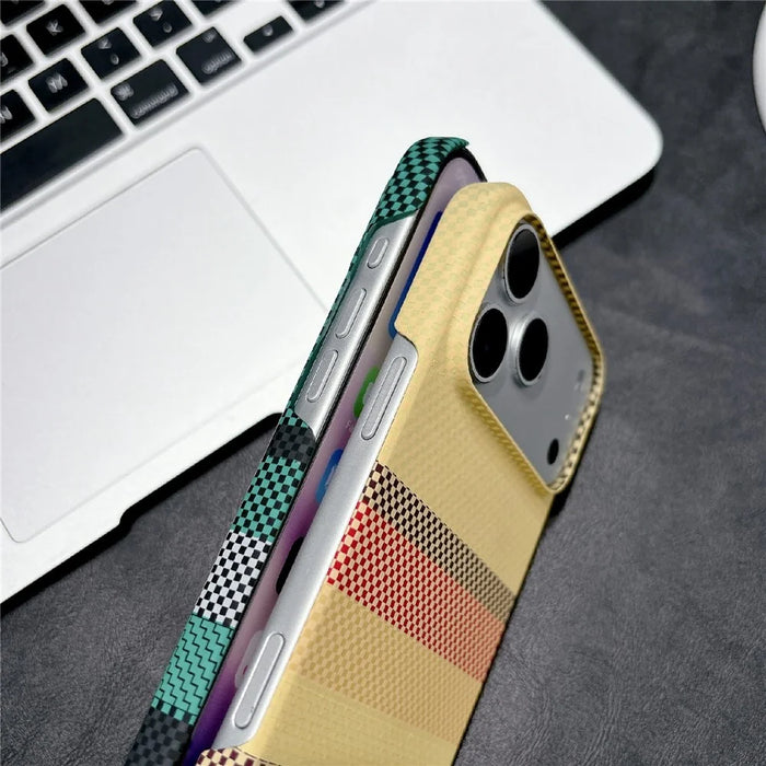 For iPhone 17 Pro Max Magnetic Case Striped Textile Pattern Skin-touch PC Cover - Yellow Stripe - 3
