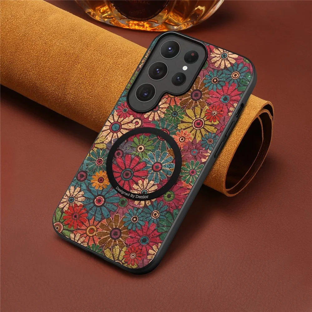 For Samsung Galaxy S25 Ultra Magnetic Phone Case Floral Pattern PU Leather TPU Protective Cover - Green - 5