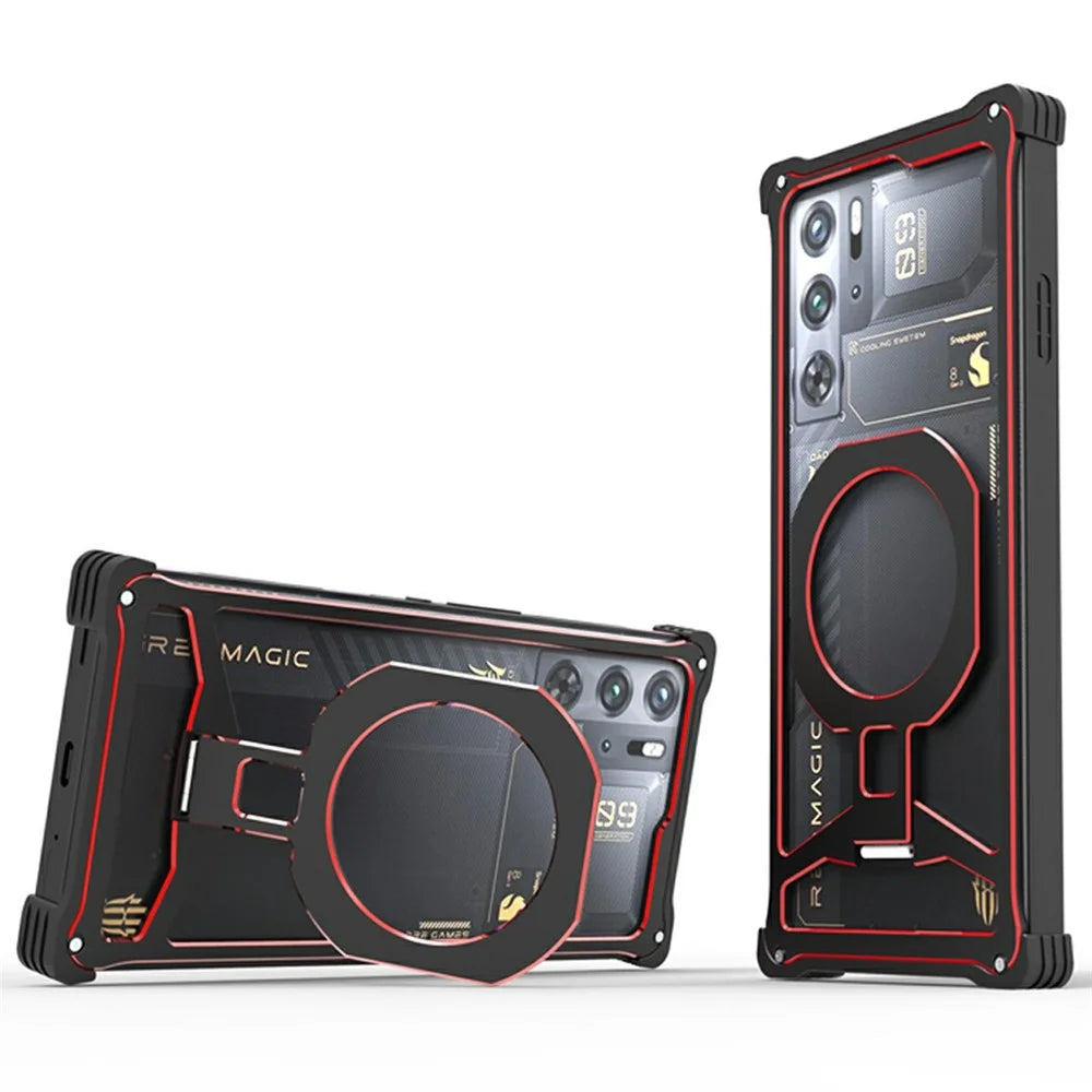 Magnetic Case for ZTE nubia RedMagic 10S Pro+ 5G / 10S Pro 5G / 10 Pro+ 5G / 10 Pro 5G / 9S Pro+ 5G / 9S Pro 5G / 9 Pro+ 5G / 9 Pro 5G Framless Kickstand Hollow Phone Bumper Cover - Black / Red - 1