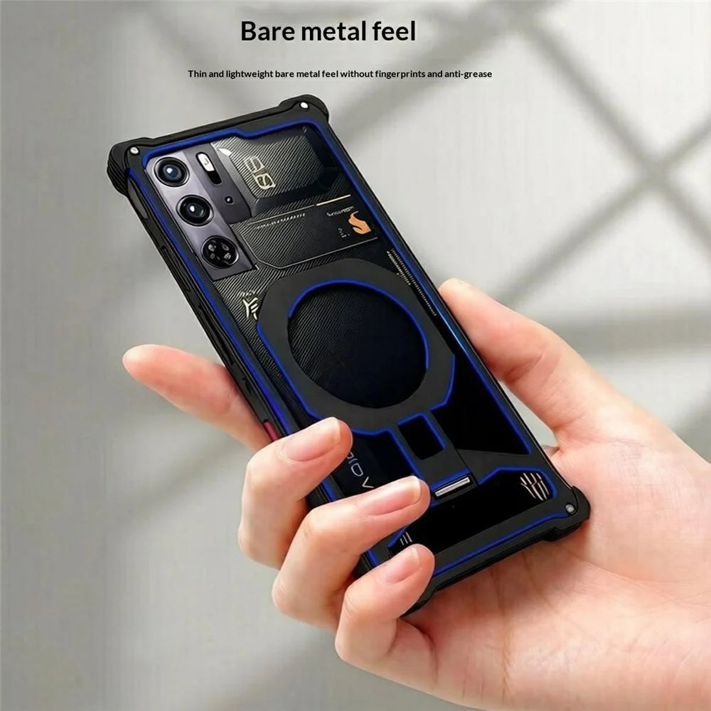 Magnetic Case for ZTE nubia RedMagic 10S Pro+ 5G / 10S Pro 5G / 10 Pro+ 5G / 10 Pro 5G / 9S Pro+ 5G / 9S Pro 5G / 9 Pro+ 5G / 9 Pro 5G Framless Kickstand Hollow Phone Bumper Cover - Black / Red - 6