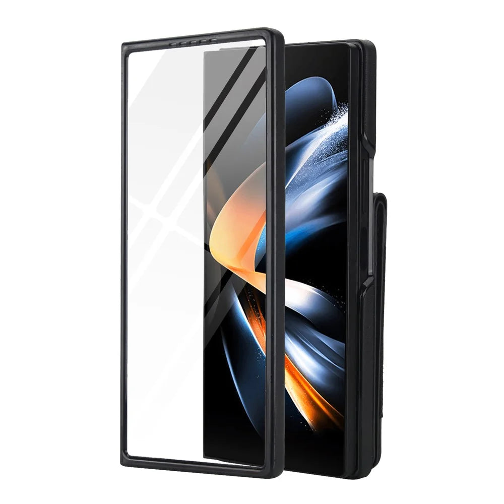 For Samsung Galaxy Z Fold3 5G Case Card Bag Kickstand Leather + PC Phone Cover with HD Screen Protector - Black - 2