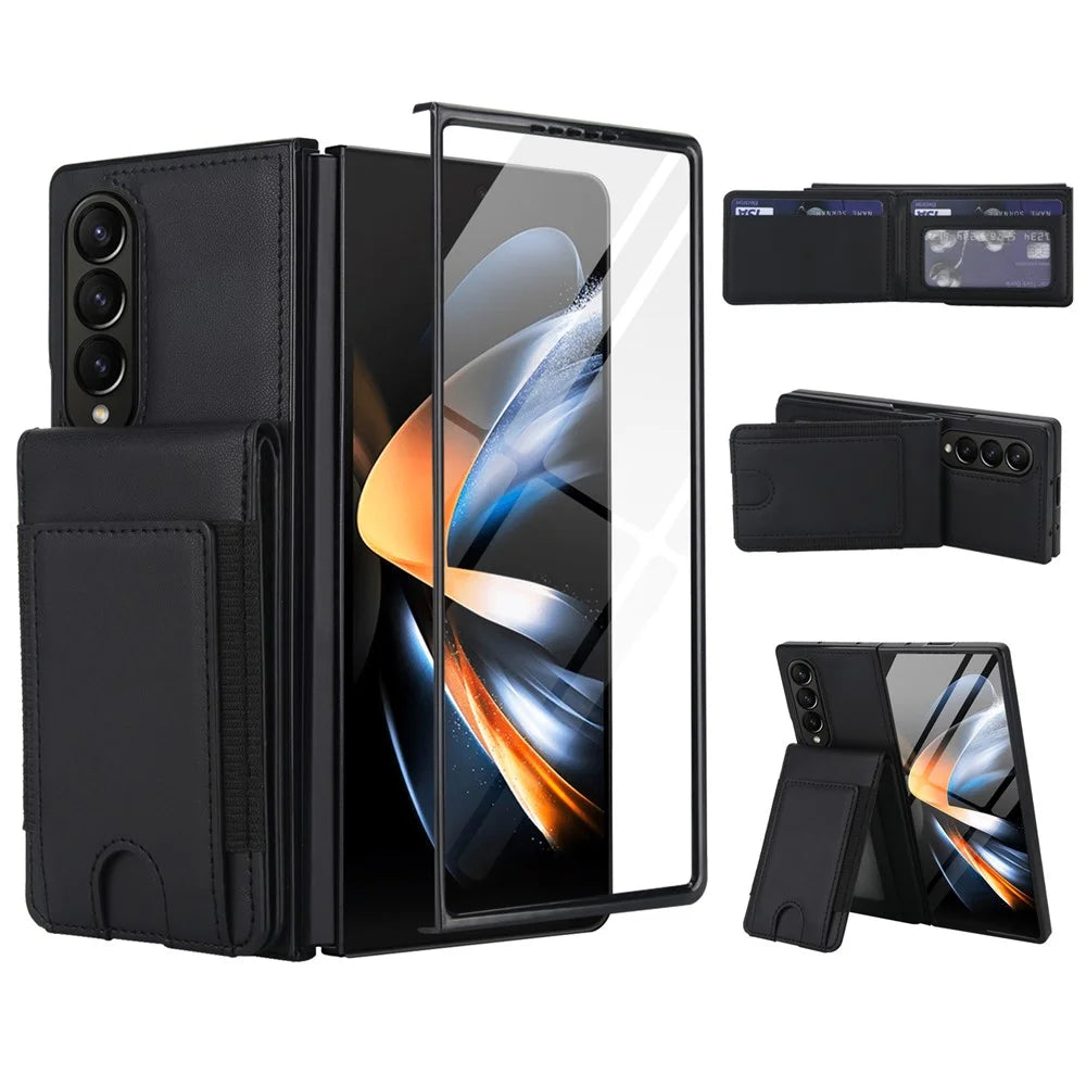 For Samsung Galaxy Z Fold4 5G Case Card Bag Kickstand Leather + PC Phone Cover with HD Screen Protector - Black - 1