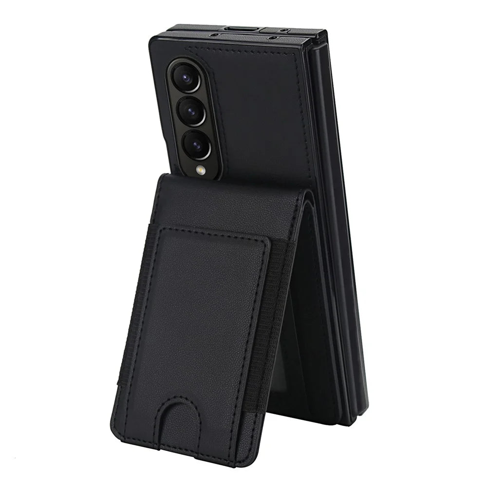 For Samsung Galaxy Z Fold4 5G Case Card Bag Kickstand Leather + PC Phone Cover with HD Screen Protector - Black - 3