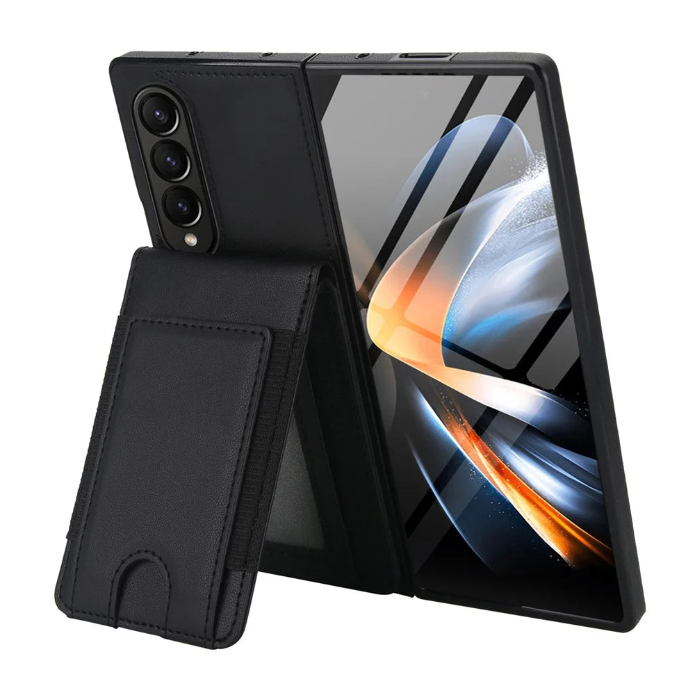 For Samsung Galaxy Z Fold4 5G Case Card Bag Kickstand Leather + PC Phone Cover with HD Screen Protector - Black - 5
