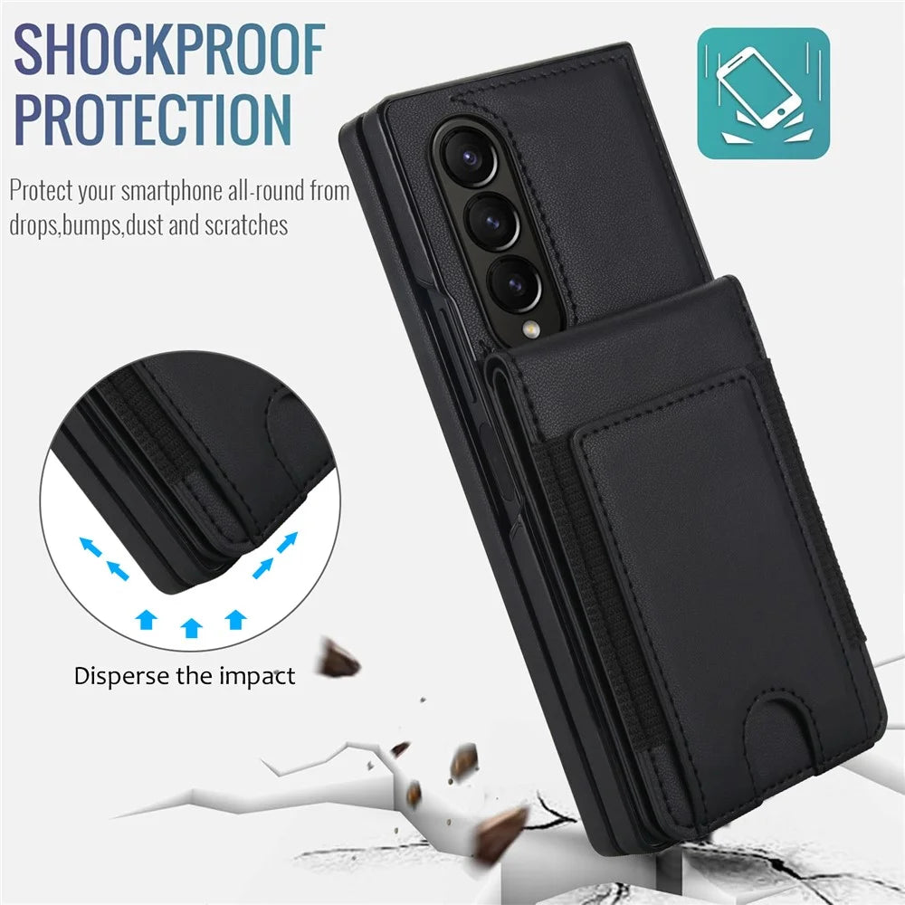 For Samsung Galaxy Z Fold4 5G Case Card Bag Kickstand Leather + PC Phone Cover with HD Screen Protector - Black - 6