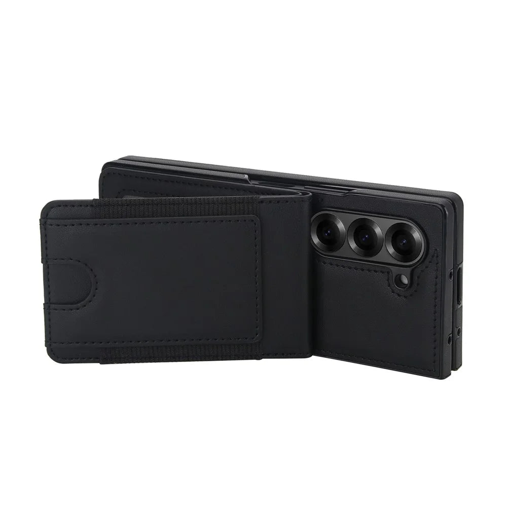 For Samsung Galaxy Z Fold5 5G Case Card Bag Kickstand Leather + PC Phone Cover with HD Screen Protector - Black - 4