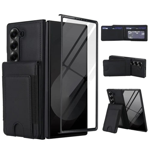For Samsung Galaxy Z Fold6 5G Case Card Bag Kickstand Leather + PC Phone Cover with HD Screen Protector - Black - 1