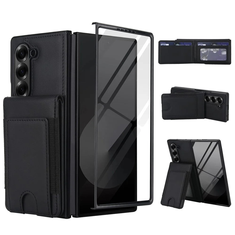 For Samsung Galaxy Z Fold6 5G Case Card Bag Kickstand Leather + PC Phone Cover with HD Screen Protector - Black - 1