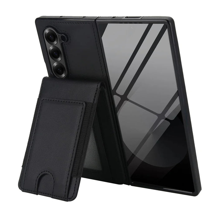 For Samsung Galaxy Z Fold6 5G Case Card Bag Kickstand Leather + PC Phone Cover with HD Screen Protector - Black - 5