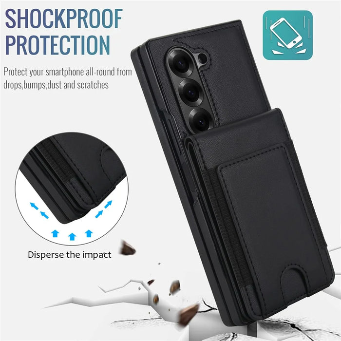 For Samsung Galaxy Z Fold6 5G Case Card Bag Kickstand Leather + PC Phone Cover with HD Screen Protector - Black - 6