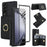 For Samsung Galaxy Z Fold3 5G Wallet Case Ring Holder PC PU Flip Phone Cover with HD Screen Protector - Black - 1