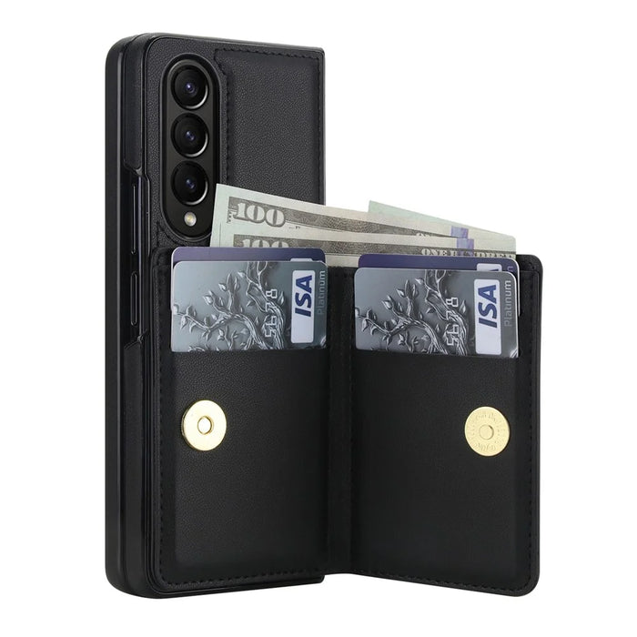 For Samsung Galaxy Z Fold3 5G Wallet Case Ring Holder PC PU Flip Phone Cover with HD Screen Protector - Black - 3