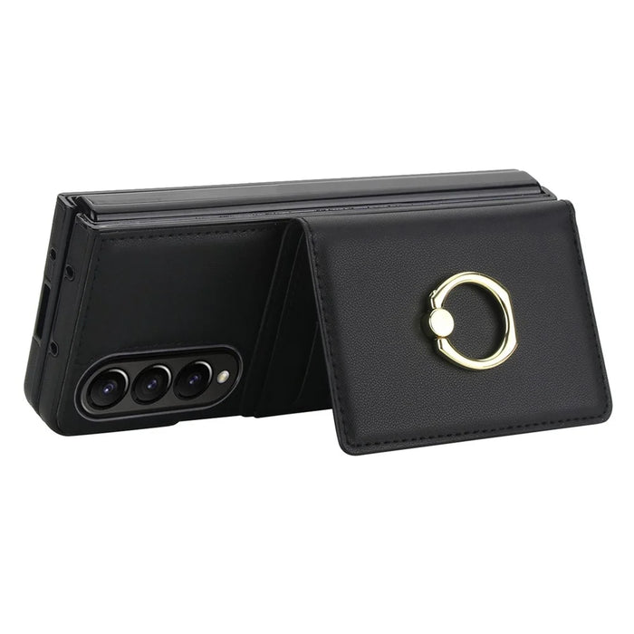 For Samsung Galaxy Z Fold3 5G Wallet Case Ring Holder PC PU Flip Phone Cover with HD Screen Protector - Black - 4
