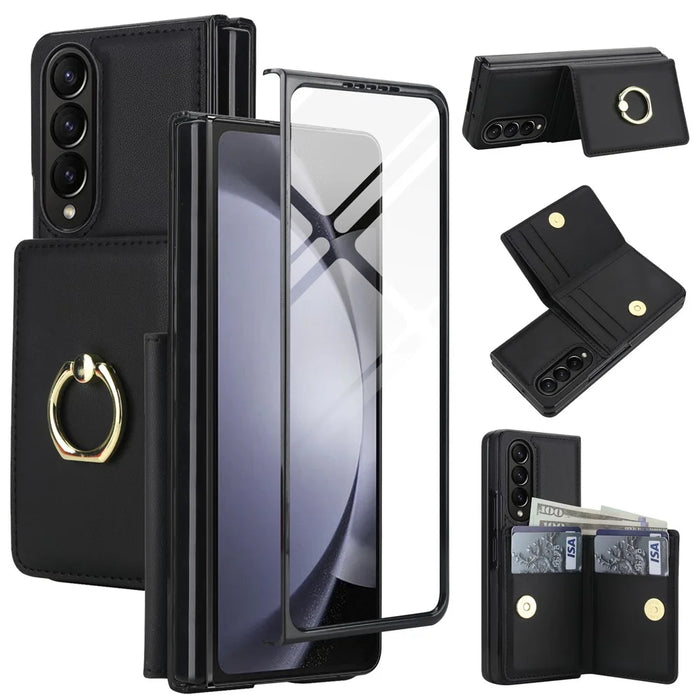 For Samsung Galaxy Z Fold4 5G Wallet Case Ring Holder PC PU Flip Phone Cover with HD Screen Protector - Black - 1