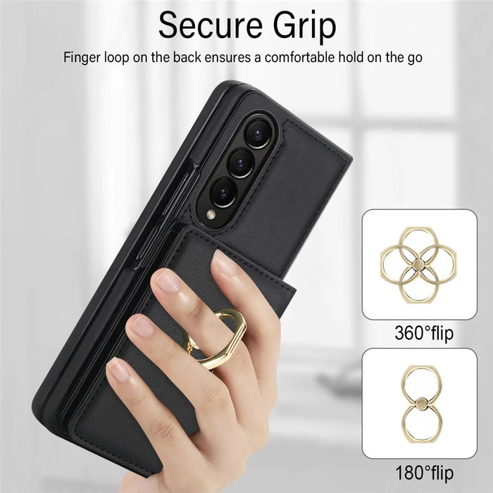 For Samsung Galaxy Z Fold4 5G Wallet Case Ring Holder PC PU Flip Phone Cover with HD Screen Protector - Black - 6
