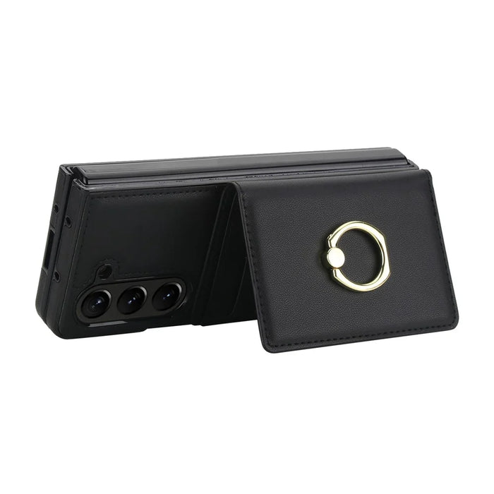 For Samsung Galaxy Z Fold5 5G Wallet Case Ring Holder PC PU Flip Phone Cover with HD Screen Protector - Black - 4