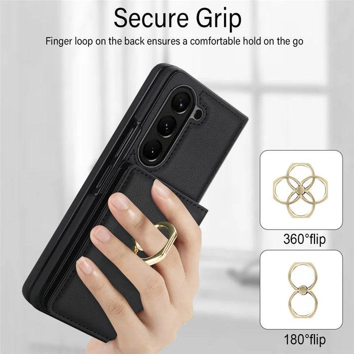 For Samsung Galaxy Z Fold5 5G Wallet Case Ring Holder PC PU Flip Phone Cover with HD Screen Protector - Black - 6