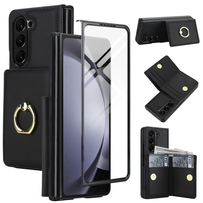 For Samsung Galaxy Z Fold6 5G Wallet Case Ring Holder PC PU Flip Phone Cover with HD Screen Protector - Black - 1