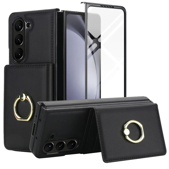 For Samsung Galaxy Z Fold6 5G Wallet Case Ring Holder PC PU Flip Phone Cover with HD Screen Protector - Black - 2