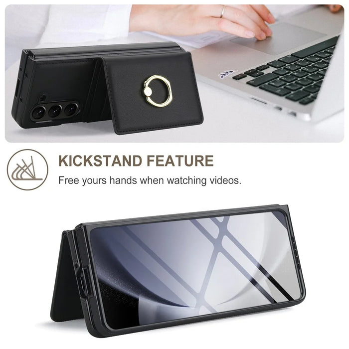 For Samsung Galaxy Z Fold6 5G Wallet Case Ring Holder PC PU Flip Phone Cover with HD Screen Protector - Black - 7
