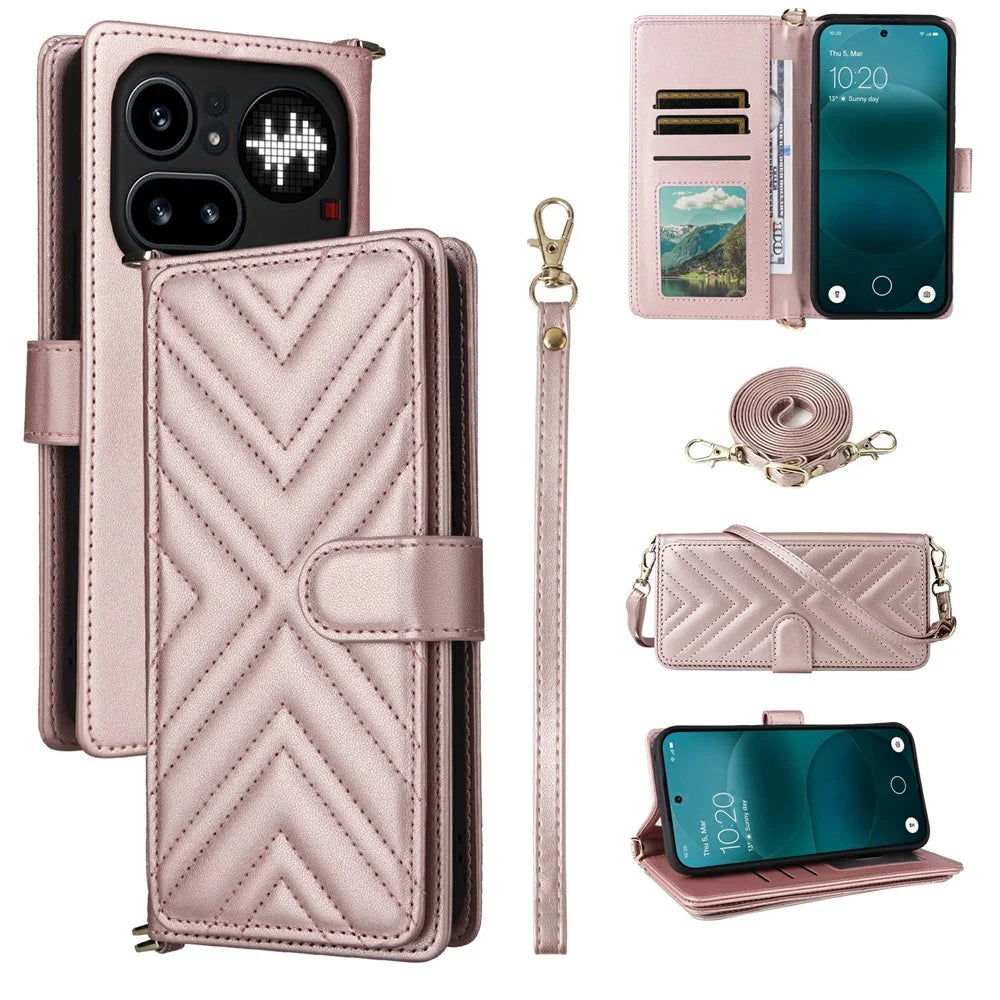 For Nothing Phone (4a) Pro Leather Case Stand Wallet Phone Cover with Shoulder  /  Wrist Strap - Pink - 1