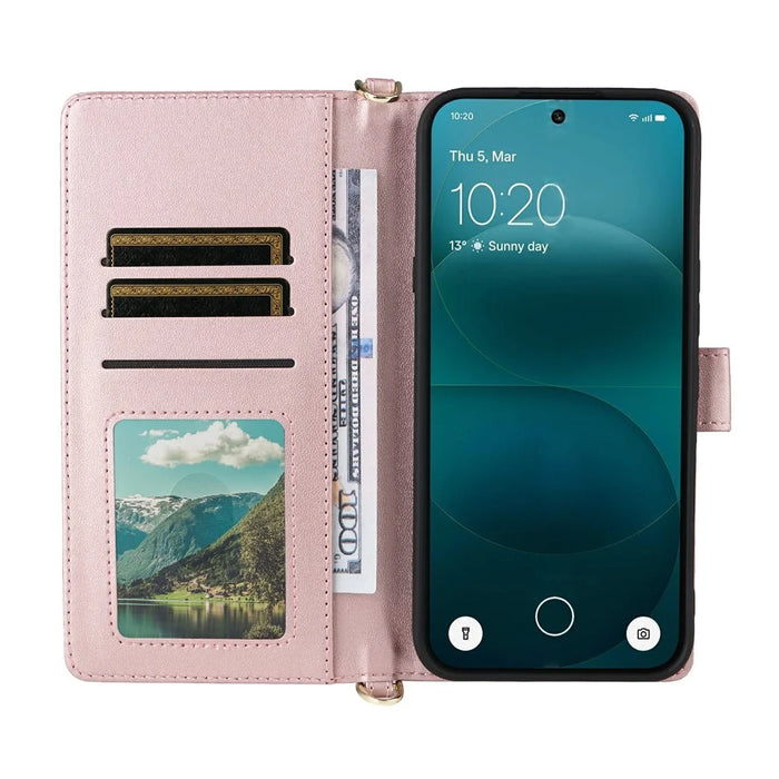 For Nothing Phone (4a) Pro Leather Case Stand Wallet Phone Cover with Shoulder  /  Wrist Strap - Pink - 3