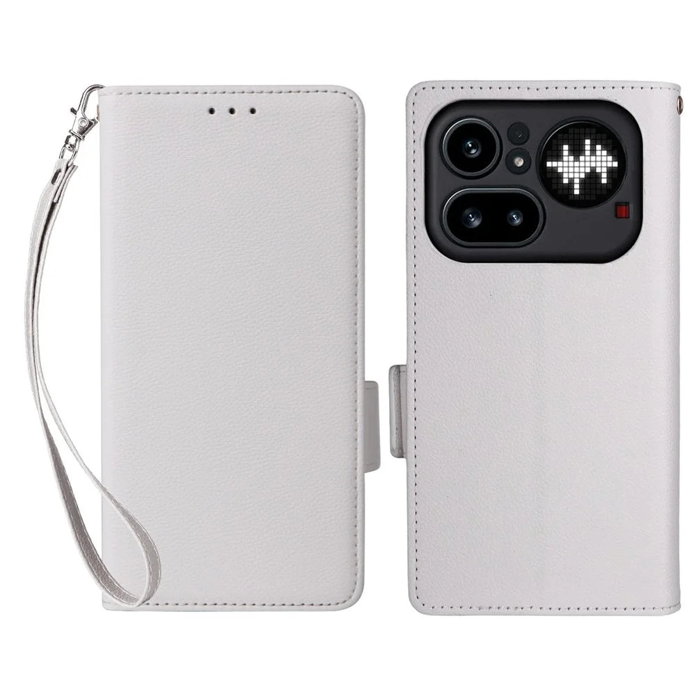 For Nothing Phone (4a) Pro Case Litchi Texture Wallet Leather Phone Cover with Wrist Strap - White - 1