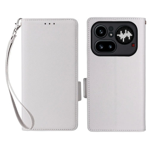 For Nothing Phone (4a) Pro Case Litchi Texture Wallet Leather Phone Cover with Wrist Strap - White - 1