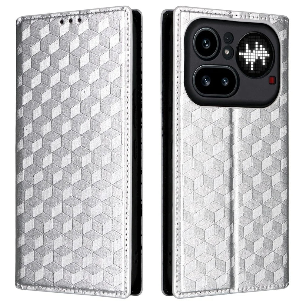 For Nothing Phone (4a) Pro Case Wallet Rhombus Imprinted PU Leather Phone Cover - Silver - 1