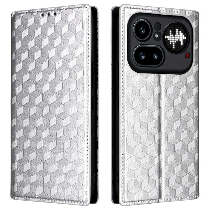 For Nothing Phone (4a) Pro Case Wallet Rhombus Imprinted PU Leather Phone Cover - Silver - 1