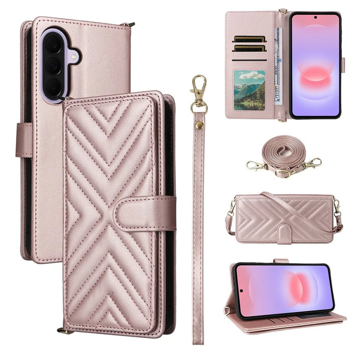 For Samsung Galaxy A37 5G Leather Case Stand Wallet Phone Cover with Shoulder  /  Wrist Strap - Pink - 1