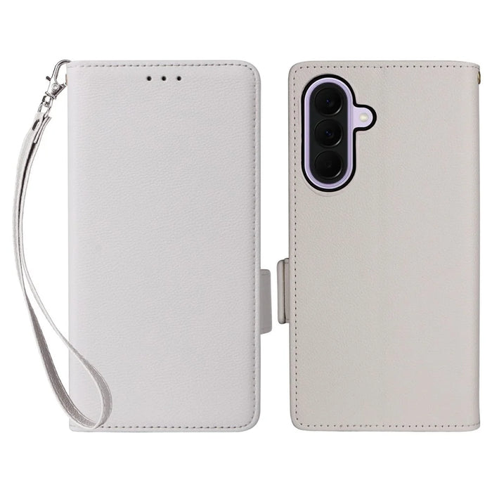 For Samsung Galaxy A37 5G Case Litchi Texture Wallet Leather Phone Cover with Wrist Strap - White - 1