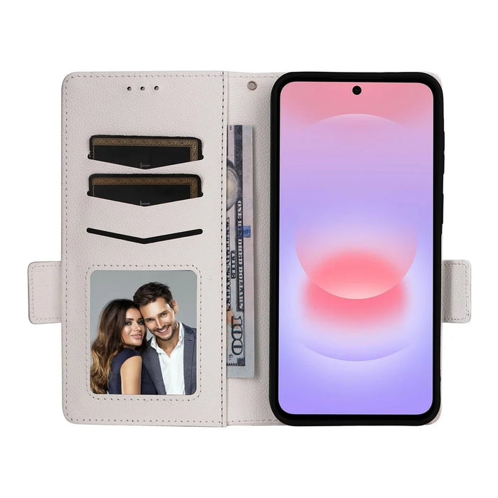 For Samsung Galaxy A37 5G Case Litchi Texture Wallet Leather Phone Cover with Wrist Strap - White - 2