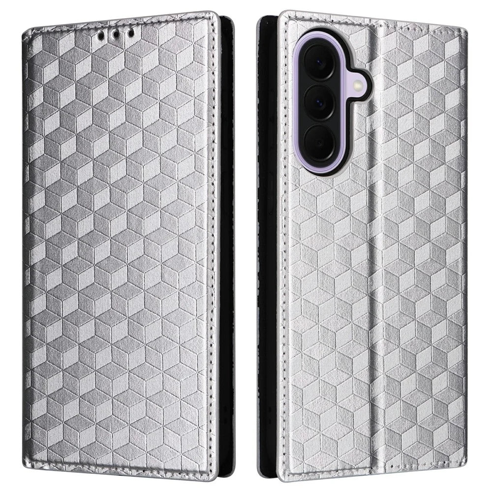 For Samsung Galaxy A37 5G Case Wallet Rhombus Imprinted PU Leather Phone Cover - Silver - 1