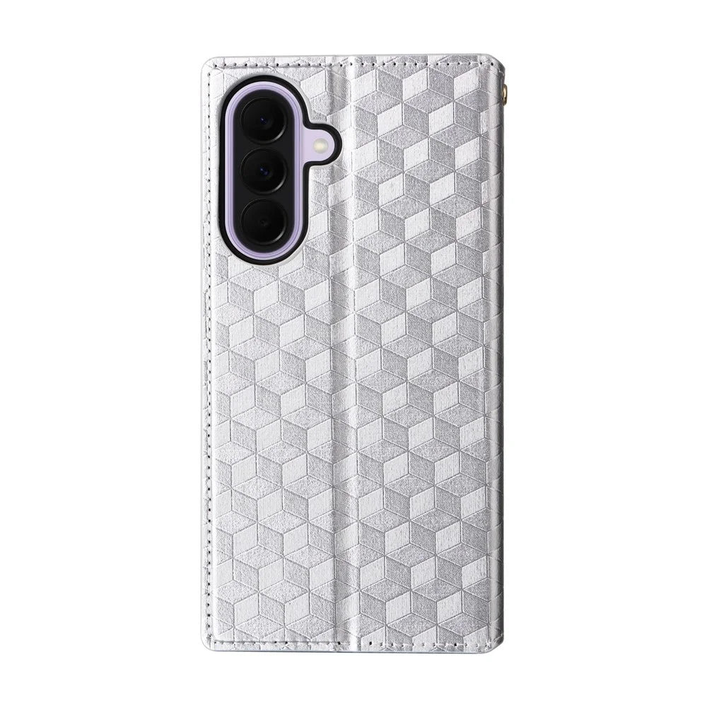 For Samsung Galaxy A37 5G Case Wallet Rhombus Imprinted PU Leather Phone Cover - Silver - 7
