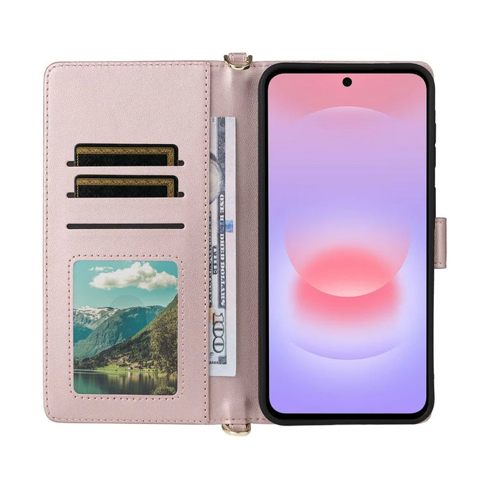 For Samsung Galaxy A57 5G Leather Case Stand Wallet Phone Cover with Shoulder  /  Wrist Strap - Pink - 3